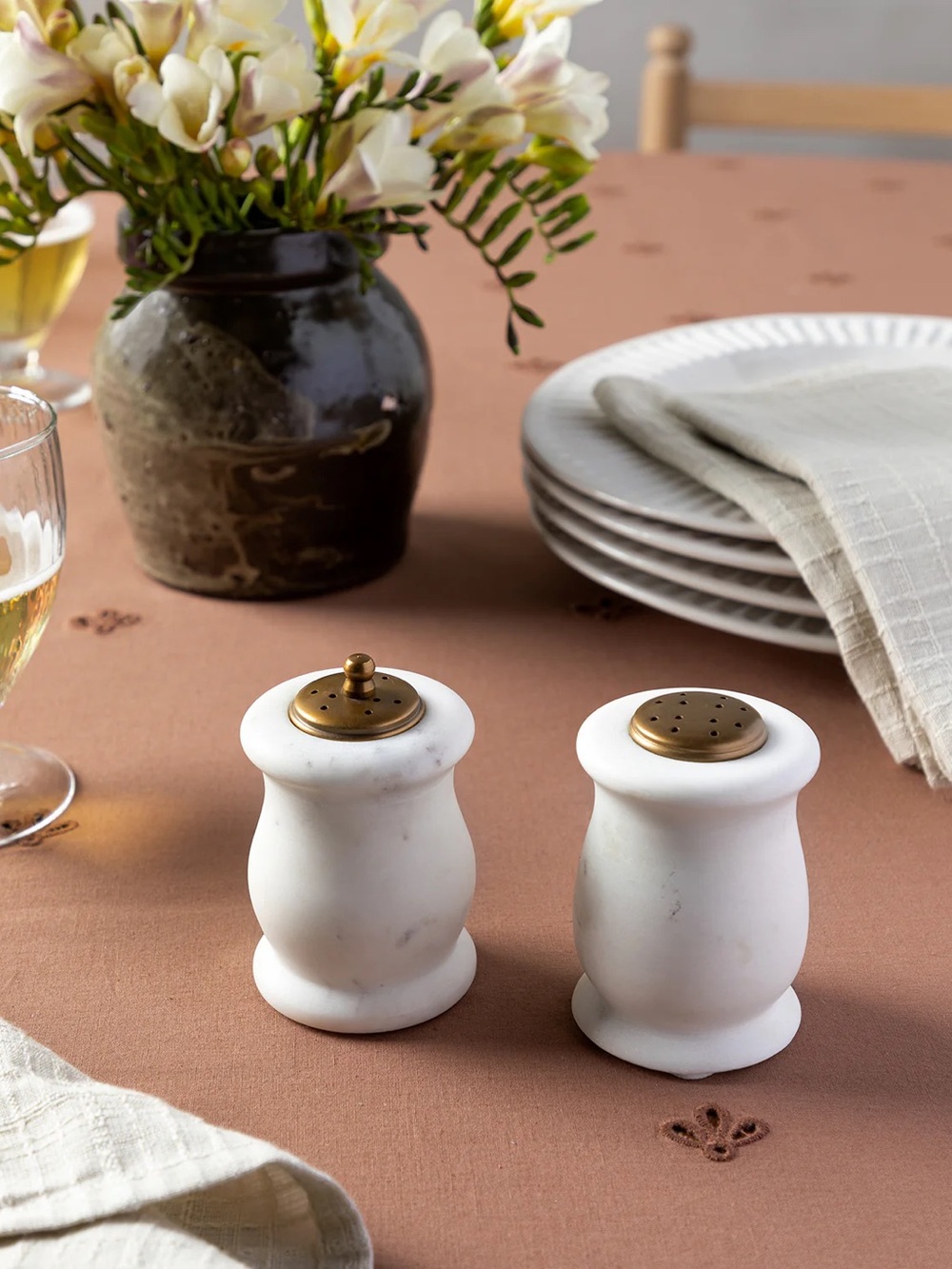 McGee & Co. White Marble Salt and Pepper Set with Brass Tops